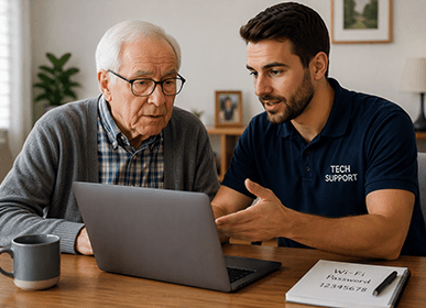 Technician Teaching Seniors How to use a Laptop